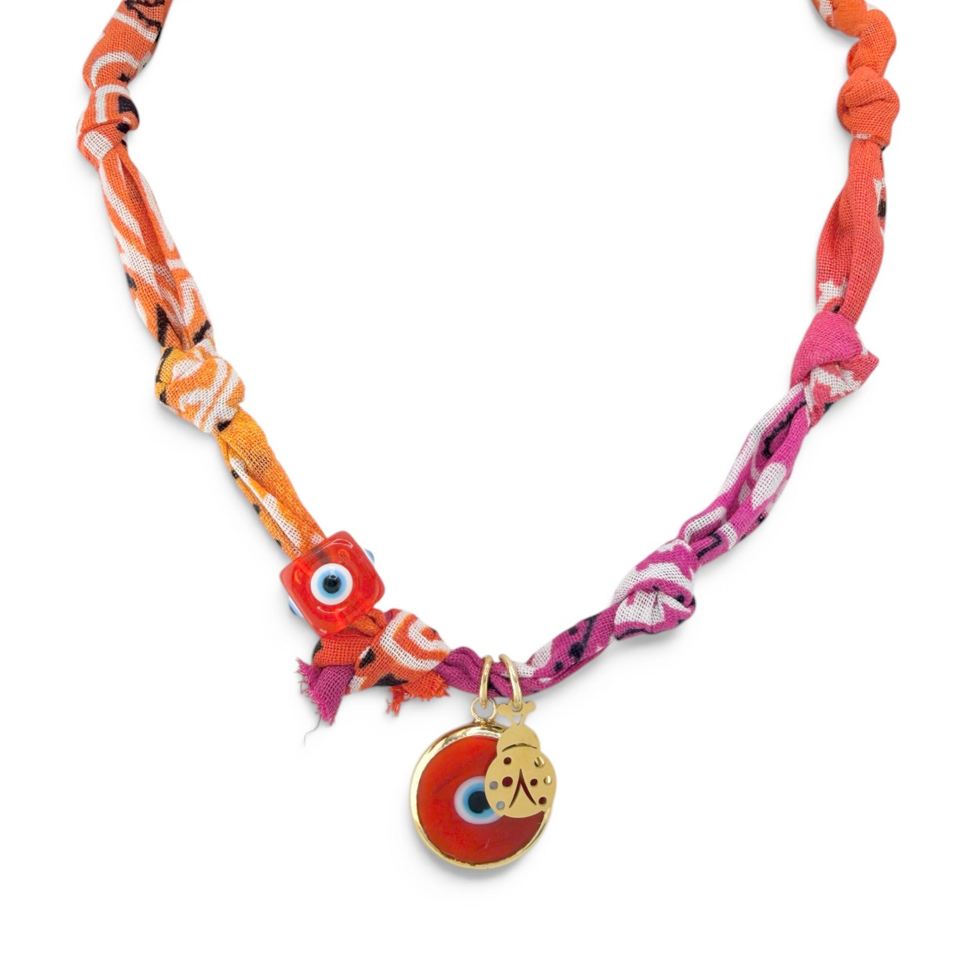 Sicilian ladybug talisman bandana necklace with orange raspberry fabric evil eye beads and gold ladybug charm