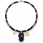 Love Lisa Amalia protection necklace shown full length with black rondelle beads, black gemstone Hamsa pendant, gold-tone Hamsa and Star of David charms, and CZ details