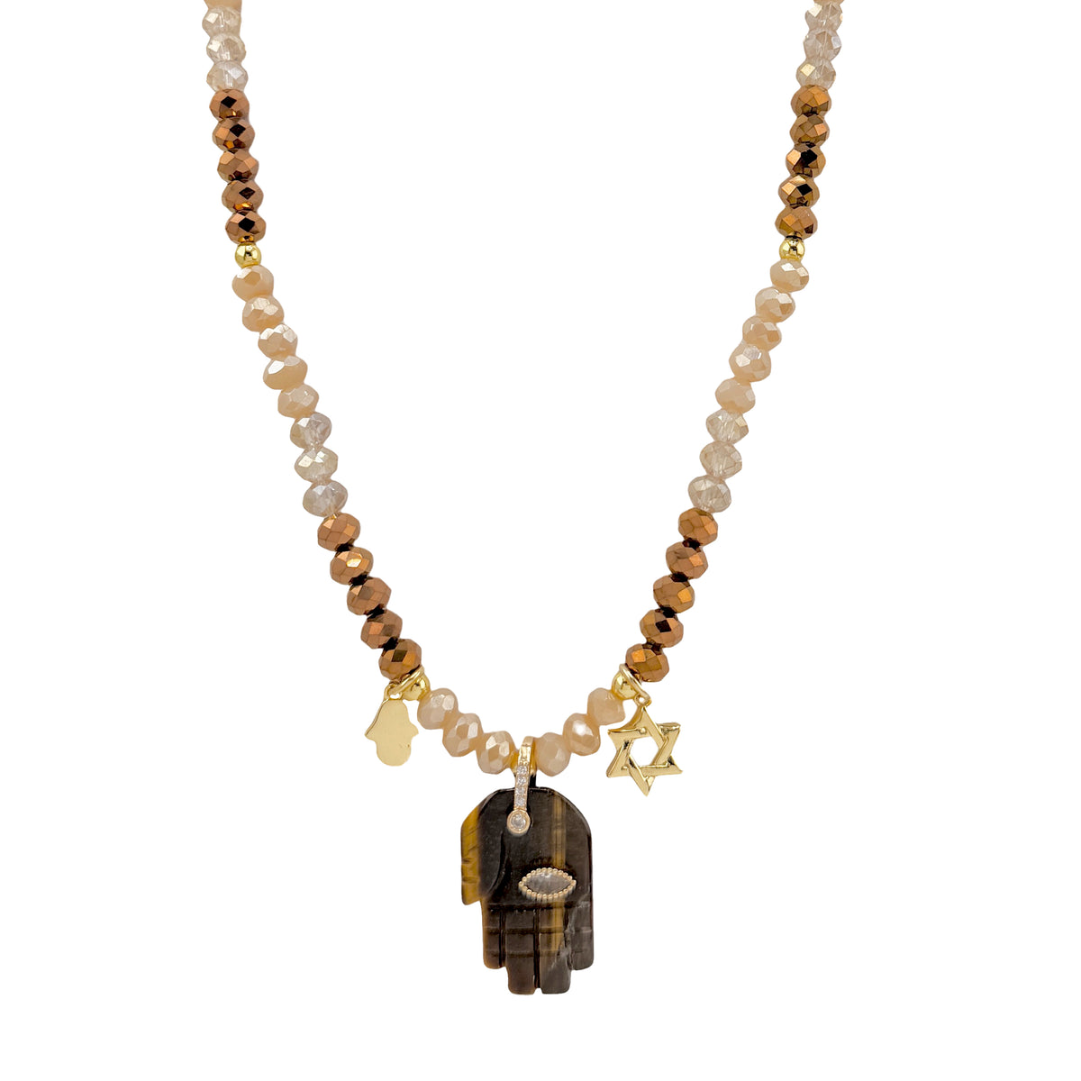 Love Lisa Amalia Hamsa necklace with warm brown and neutral rondelle beads, brown gemstone Hamsa pendant, petite gold-tone Hamsa, Star of David charm, and CZ accents