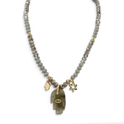 Love Lisa Amalia Gemstone Hamsa Protection Necklace with grey rondelle beads, grey gemstone Hamsa pendant, gold-tone petite Hamsa and Star of David charms, and CZ accents