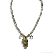 Love Lisa Amalia Gemstone Hamsa Protection Necklace with grey rondelle beads, gemstone Hamsa pendant, silver-tone Hamsa and Star of David charms, and CZ accents