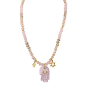 Love Lisa Amalia Gemstone Hamsa Protection Necklace with soft pink rondelle beads, light pink gemstone Hamsa pendant, petite gold-tone Hamsa, Star of David charm, and CZ accents