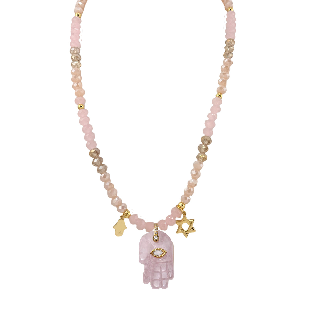 Love Lisa Amalia Gemstone Hamsa Protection Necklace with soft pink rondelle beads, light pink gemstone Hamsa pendant, petite gold-tone Hamsa, Star of David charm, and CZ accents