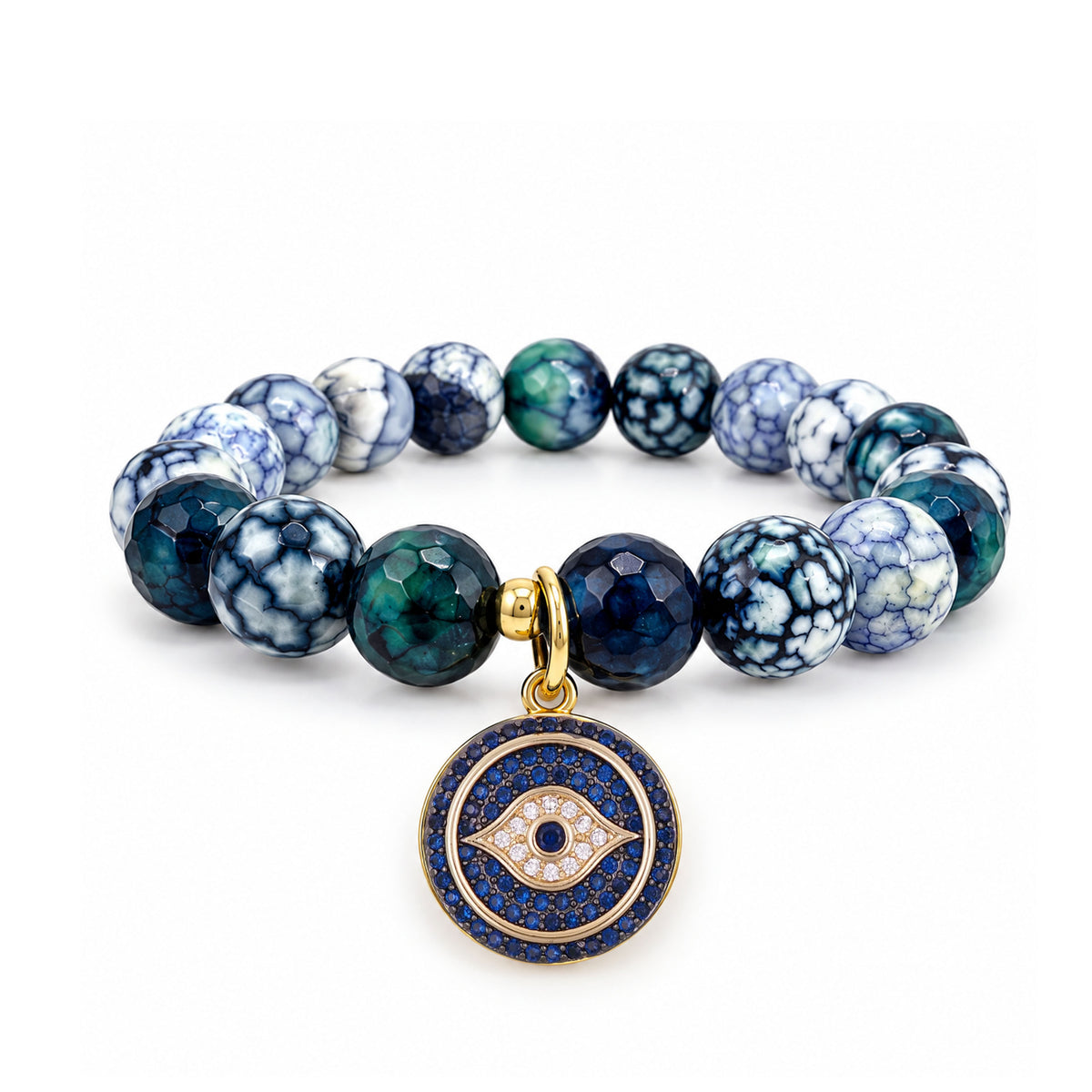 Amara Evil Eye Gemstone Bracelet with faceted Blue Dragon Vein Agate beads, round blue crystal evil eye charm, and gold-tone details