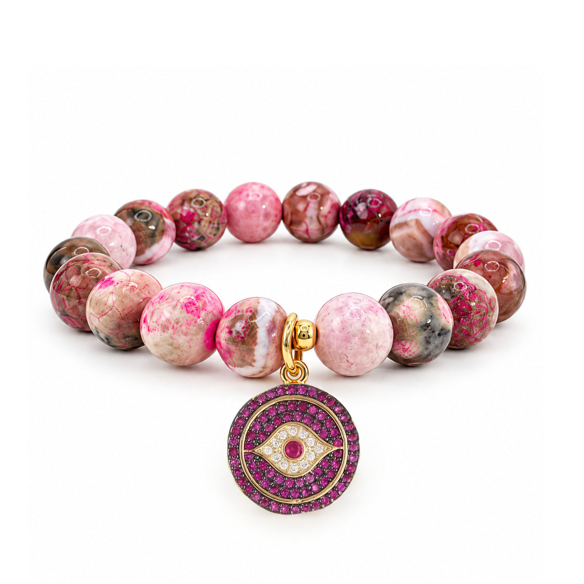 Amara Evil Eye Gemstone Bracelet with faceted pink gemstone beads, round pink crystal evil eye charm, and gold-tone details
