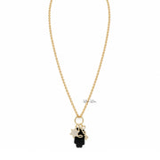 Love Lisa Amara Hamsa Love & Protection Charm Necklace with black onyx Hamsa pendant, evil eye detail, sparkling Star of David, crystal LOVE charm, and gold-tone chain
