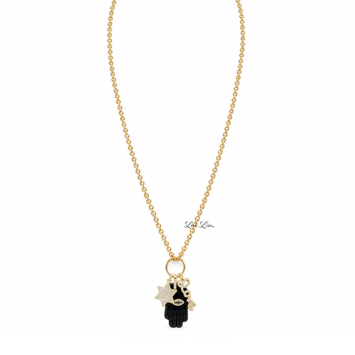 Love Lisa Amara Hamsa Love & Protection Charm Necklace with black onyx Hamsa pendant, evil eye detail, sparkling Star of David, crystal LOVE charm, and gold-tone chain