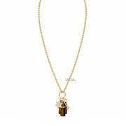 Love Lisa Amara Hamsa Love & Protection Necklace with brown Tiger Eye Hamsa pendant, evil eye detail, Star of David, crystal LOVE charm, and gold-tone chain
