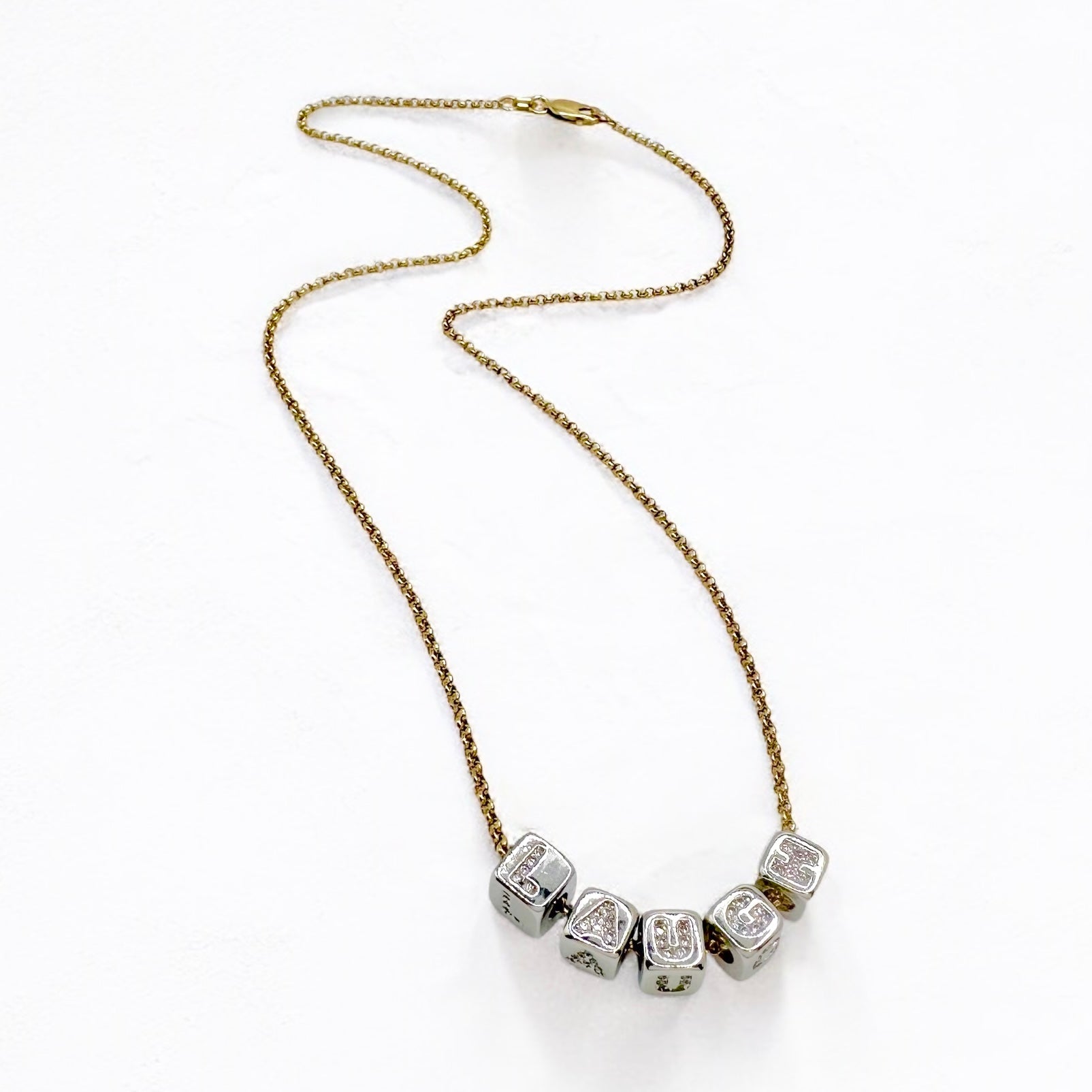 Love Lisa Amelia small block letter personalized necklace in gold with silver block letters