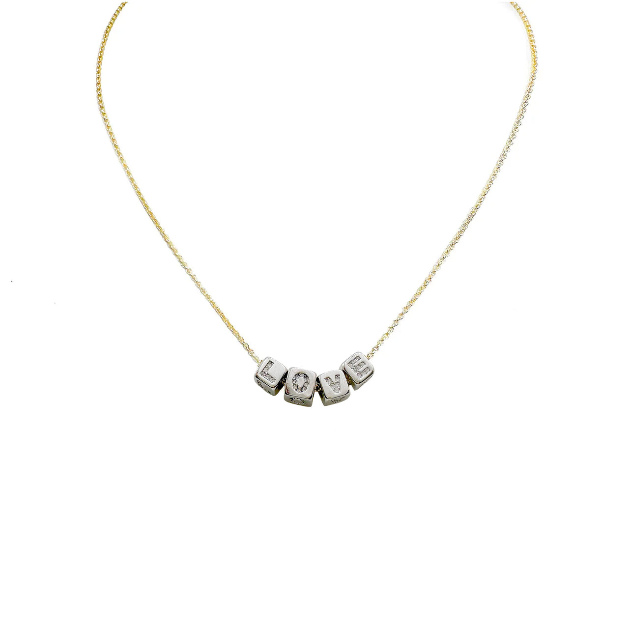 A personalized necklace with gold chain and silver block letter beads.