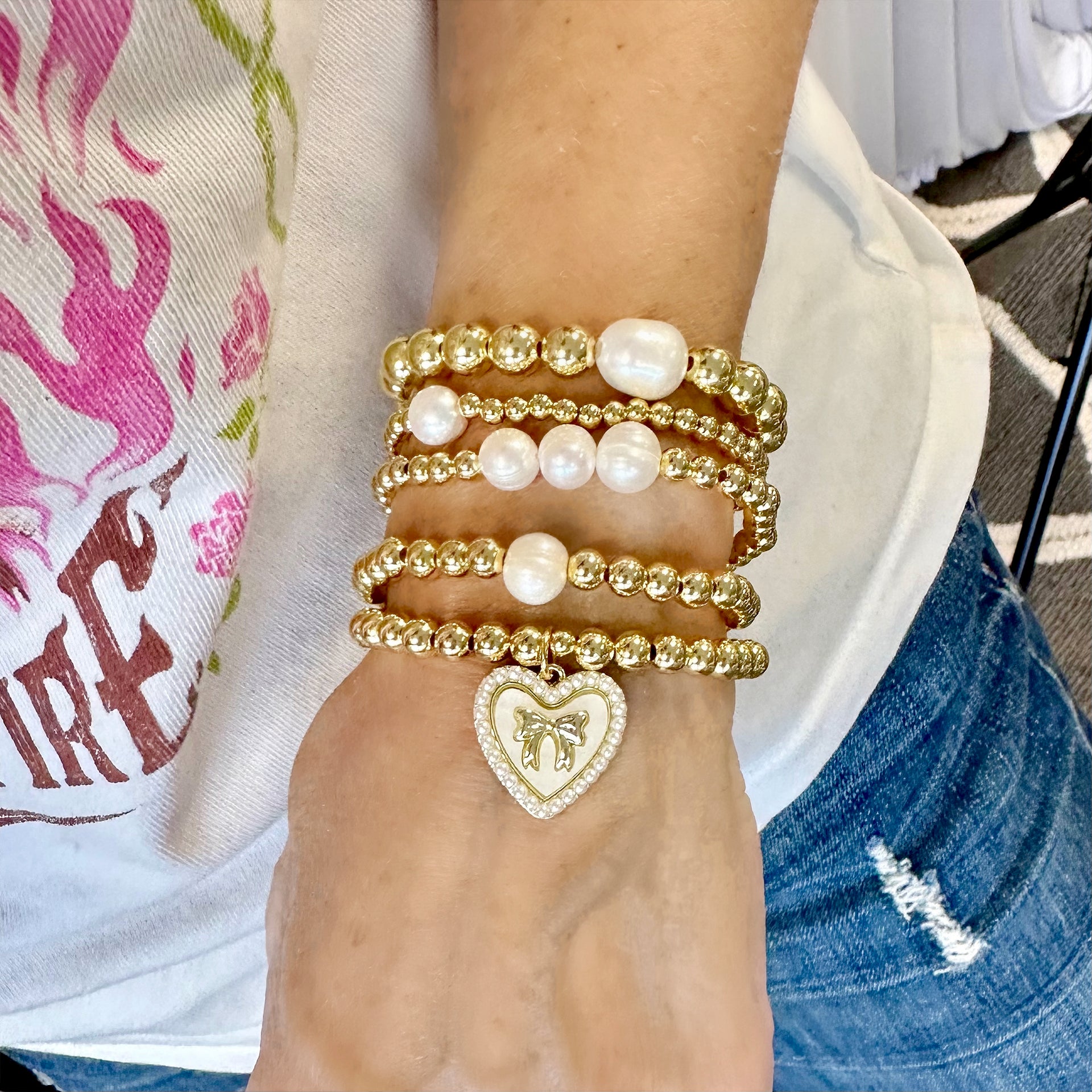 amy build your own pearl stack gold beaded bracelets worn on model love lisa