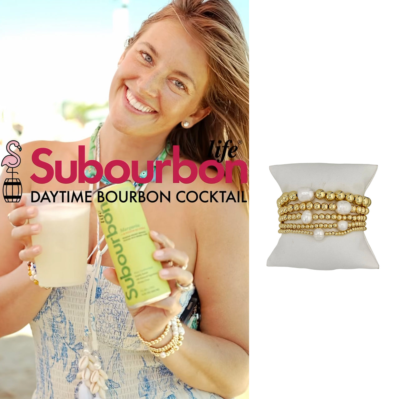 model wearing the amy pearl stack in a commercial