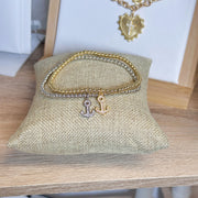 Silver & Gold 4mm beaded elastic anklet with pavé anchor charm

