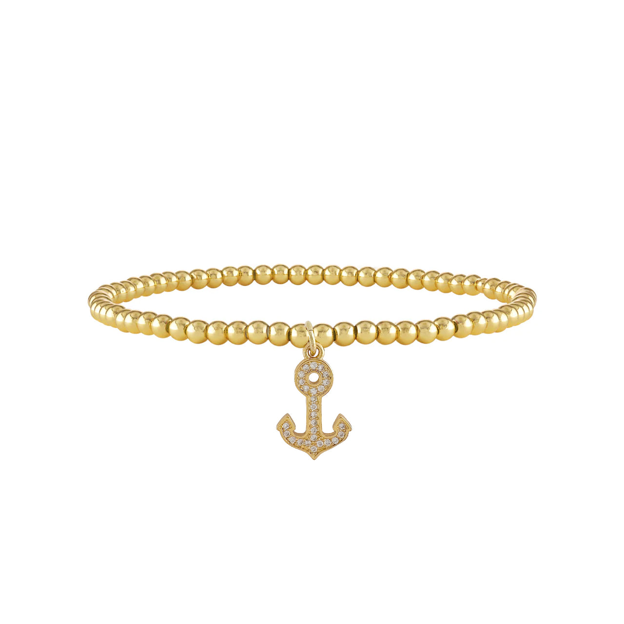 Gold 4mm beaded elastic anklet with pavé anchor charm

