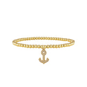 Gold 4mm beaded elastic anklet with pavé anchor charm

