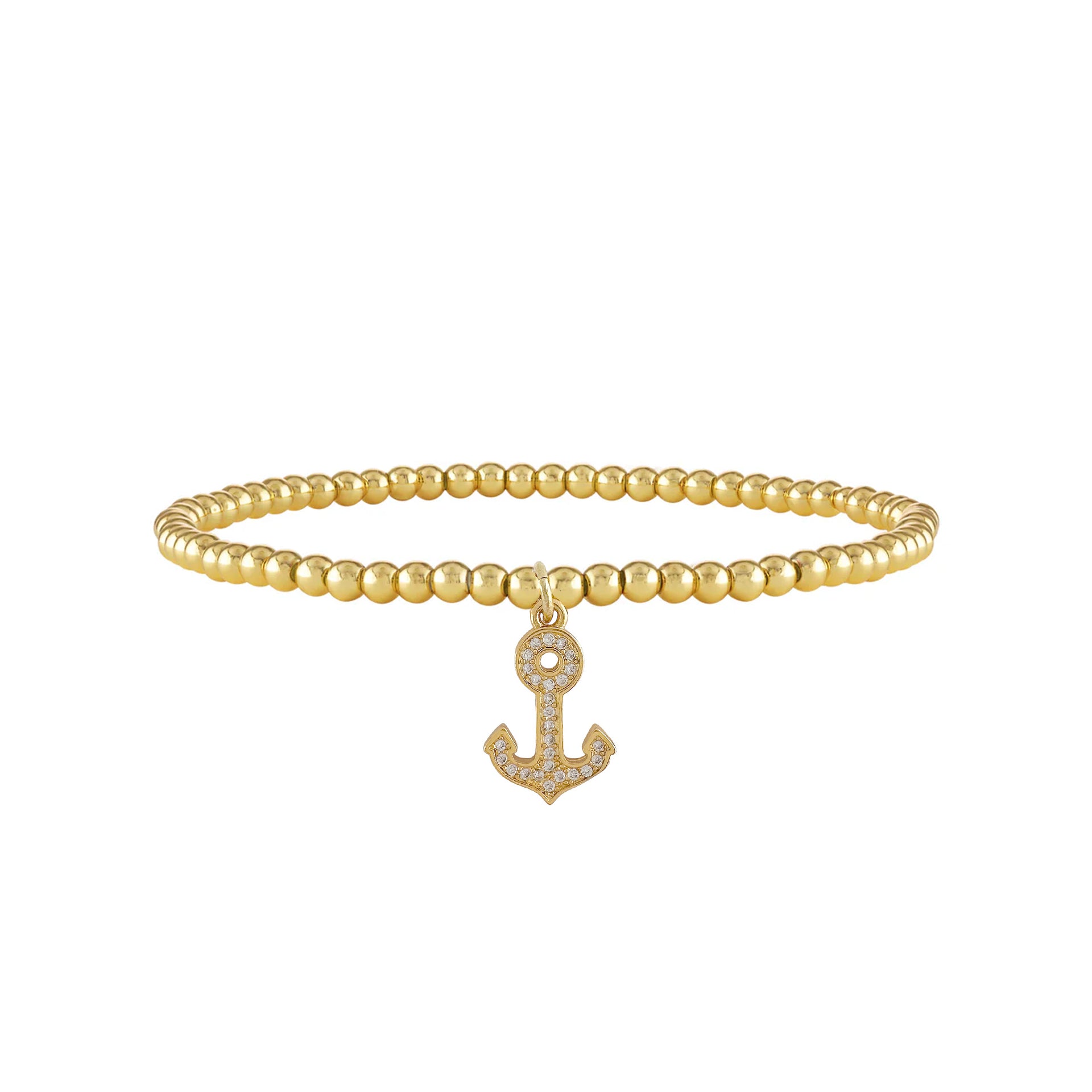 Gold 4mm beaded elastic anklet with pavé anchor charm

