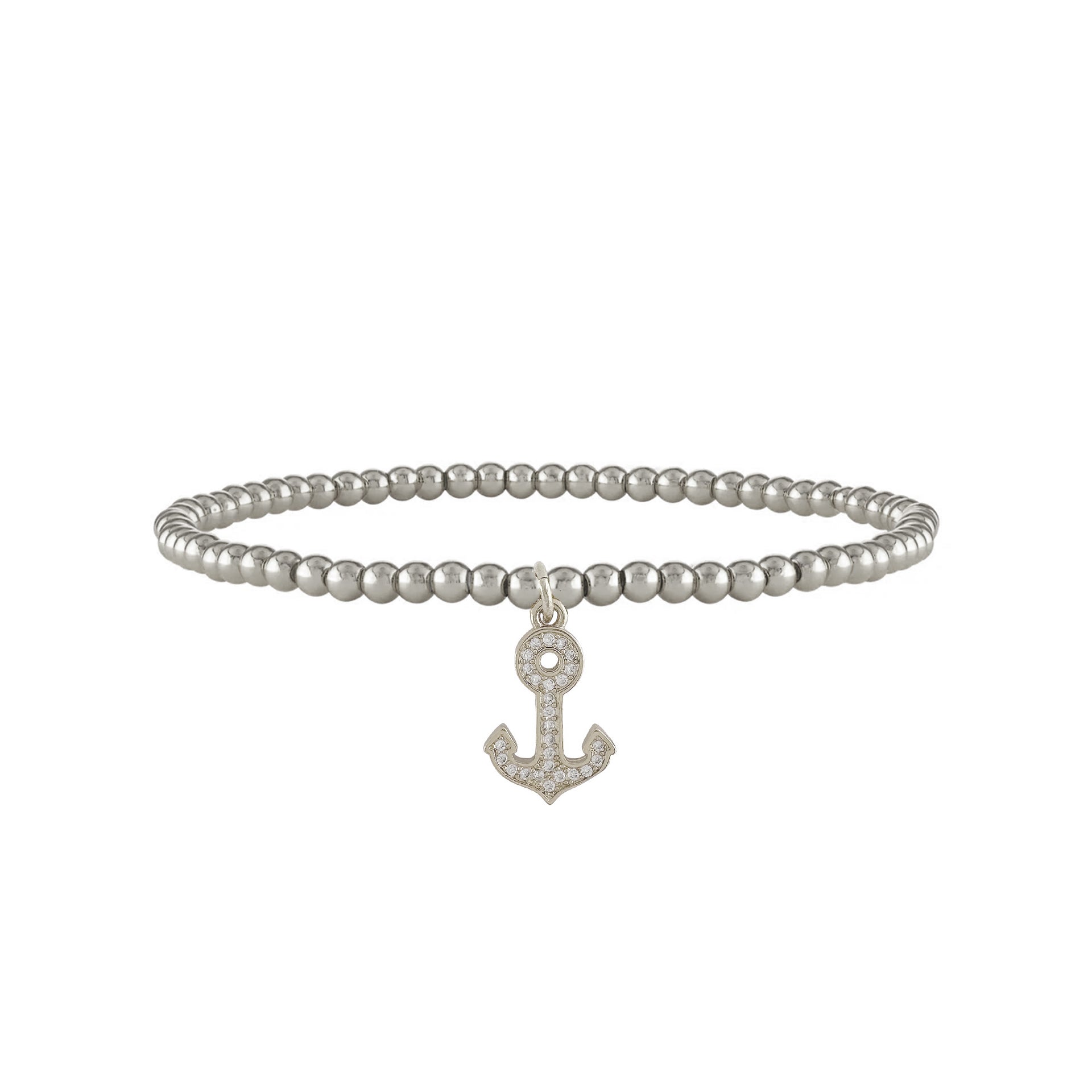 Silver 4mm beaded elastic anklet with pavé anchor charm

