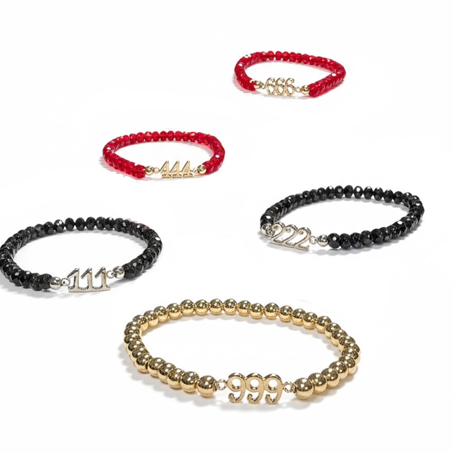 Assorted Angel Number Bracelets by Love Lisa in red, black, gold, and silver tones
