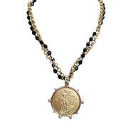 angelica french coin necklace gold pendant with black beaded chain detailed angel design by love lisa