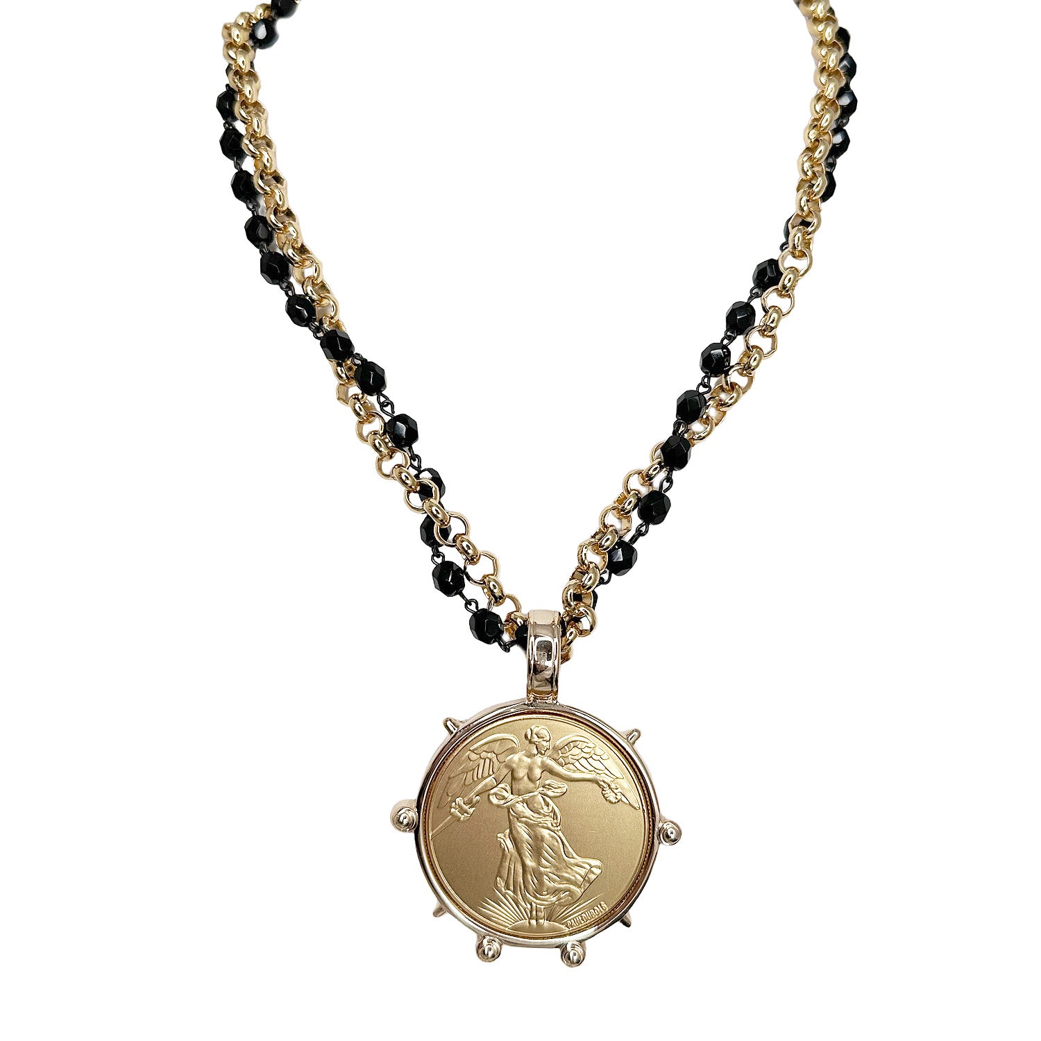 angelica french coin necklace gold pendant with black beaded chain detailed angel design by love lisa