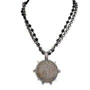 silver angelica french coin necklace with dual layer gunmetal and silver chain angel pendant by love lisa