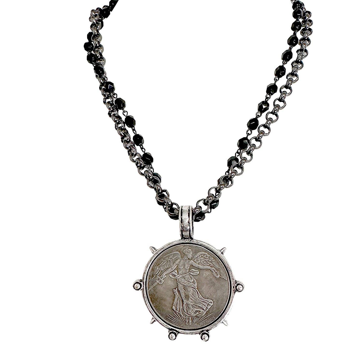 silver angelica french coin necklace with dual layer gunmetal and silver chain angel pendant by love lisa