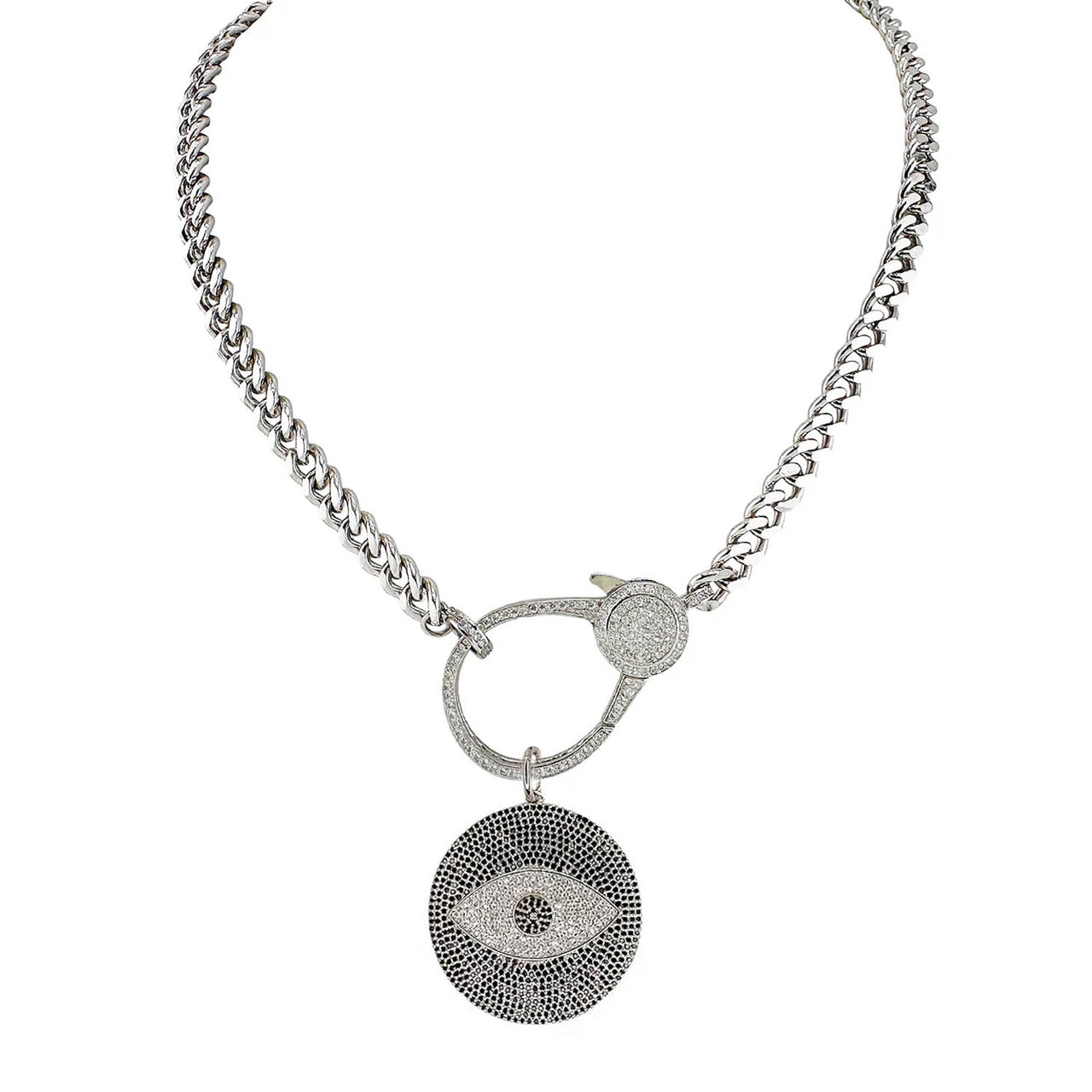 angelina evil eye necklace with pave crystal charm and silver flat curb chain by love lisa jewelry