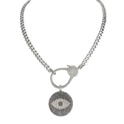 angelina evil eye necklace with pave crystal charm and silver flat curb chain by love lisa jewelry
