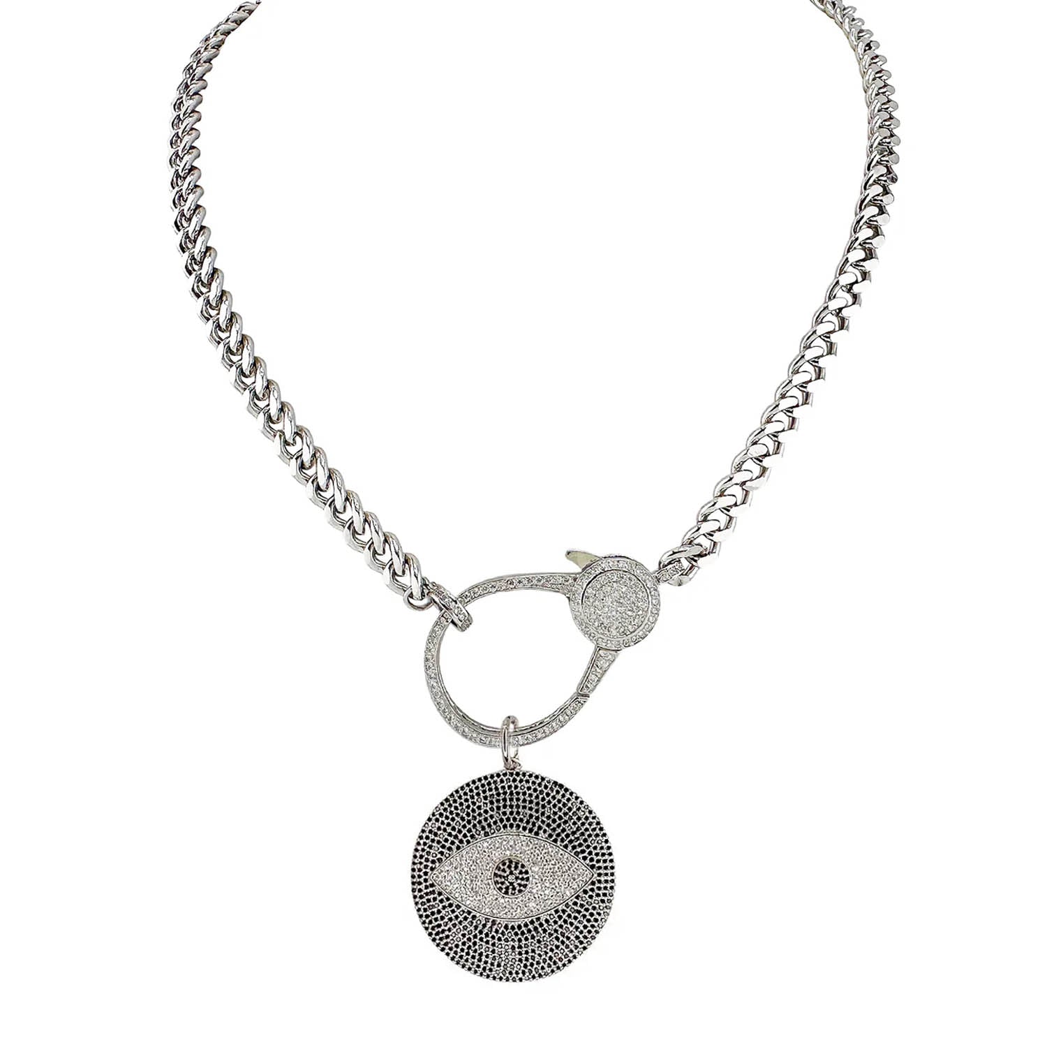 angelina evil eye necklace with pave crystal charm and silver flat curb chain by love lisa jewelry
