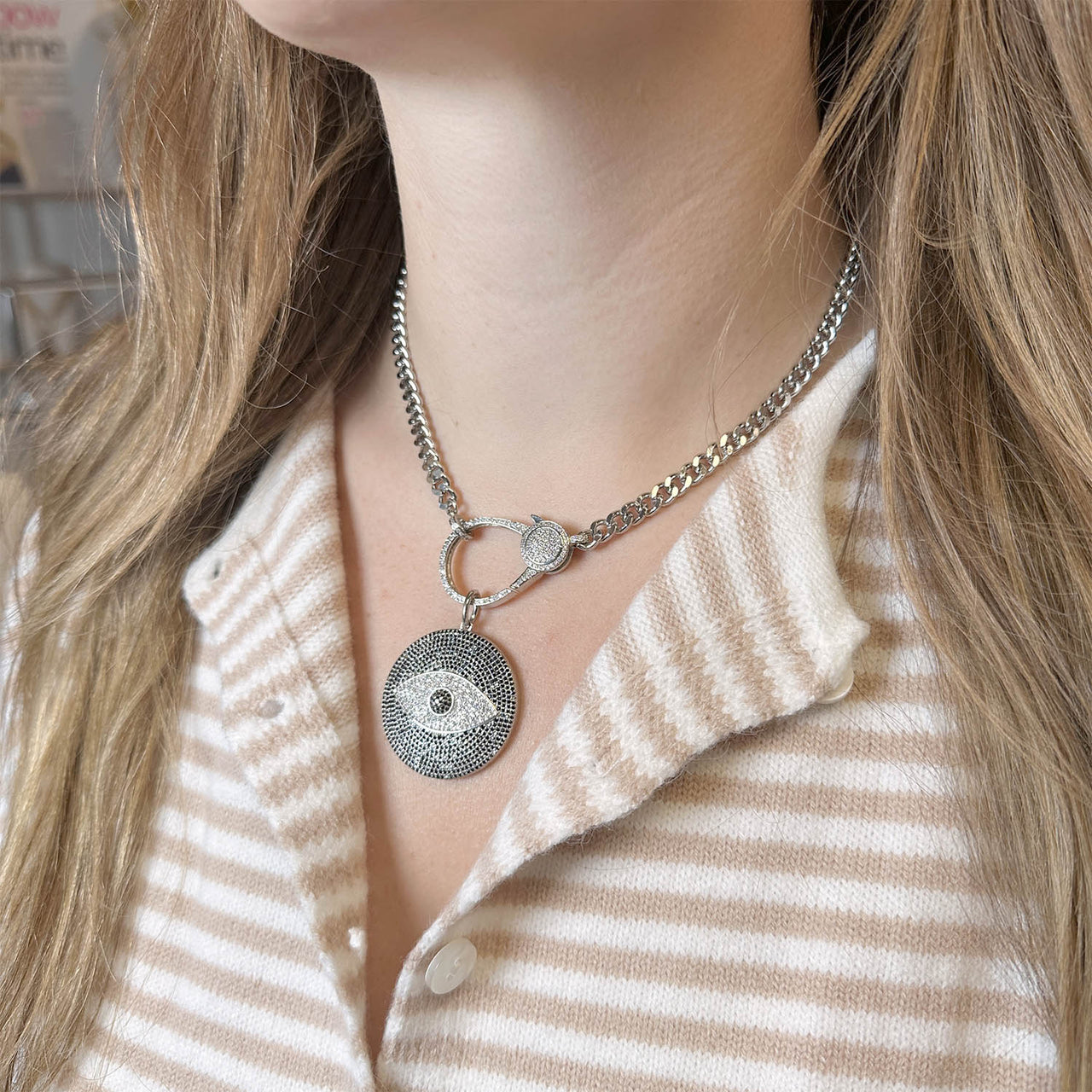 angelina evil eye necklace with pave charm worn on model love lisa statement jewelry