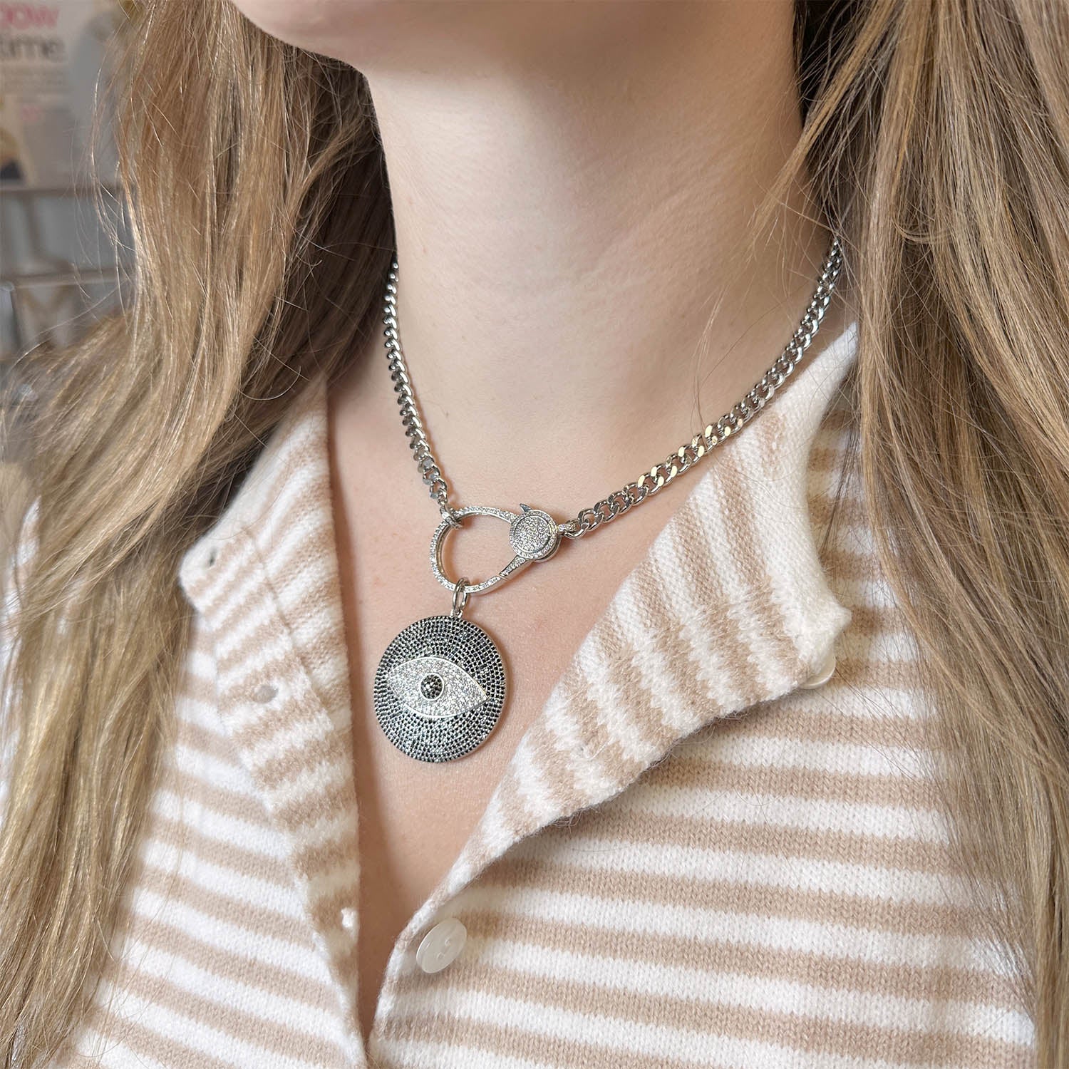 angelina evil eye necklace with pave charm worn on model love lisa statement jewelry