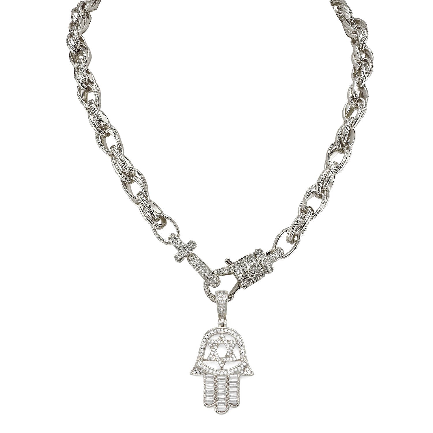 Silver chain necklace with a Hamsa hand pendant on a white background