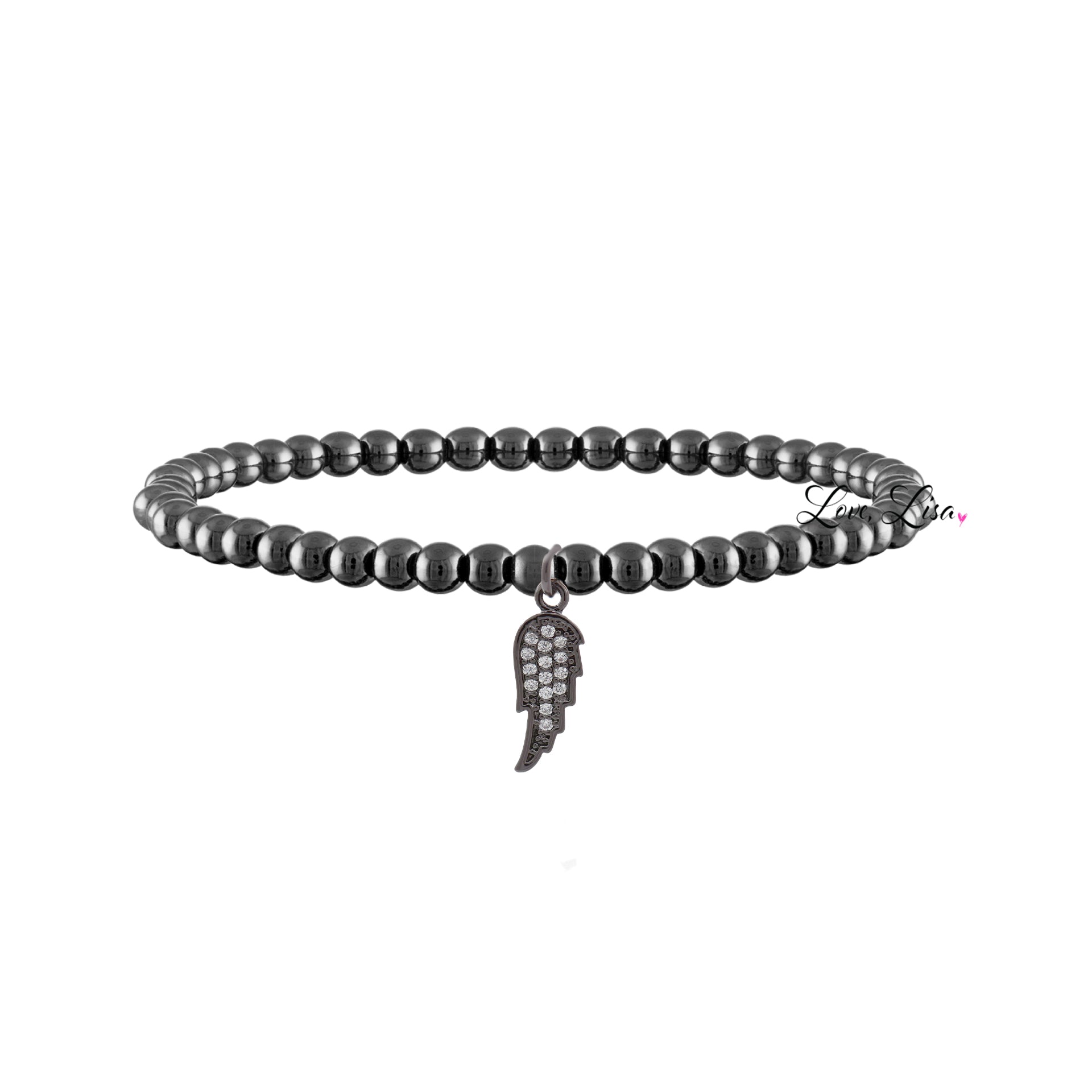arlet angel wing beaded bracelet gunmetal 4mm beads with cz wing charm by love lisa jewelry