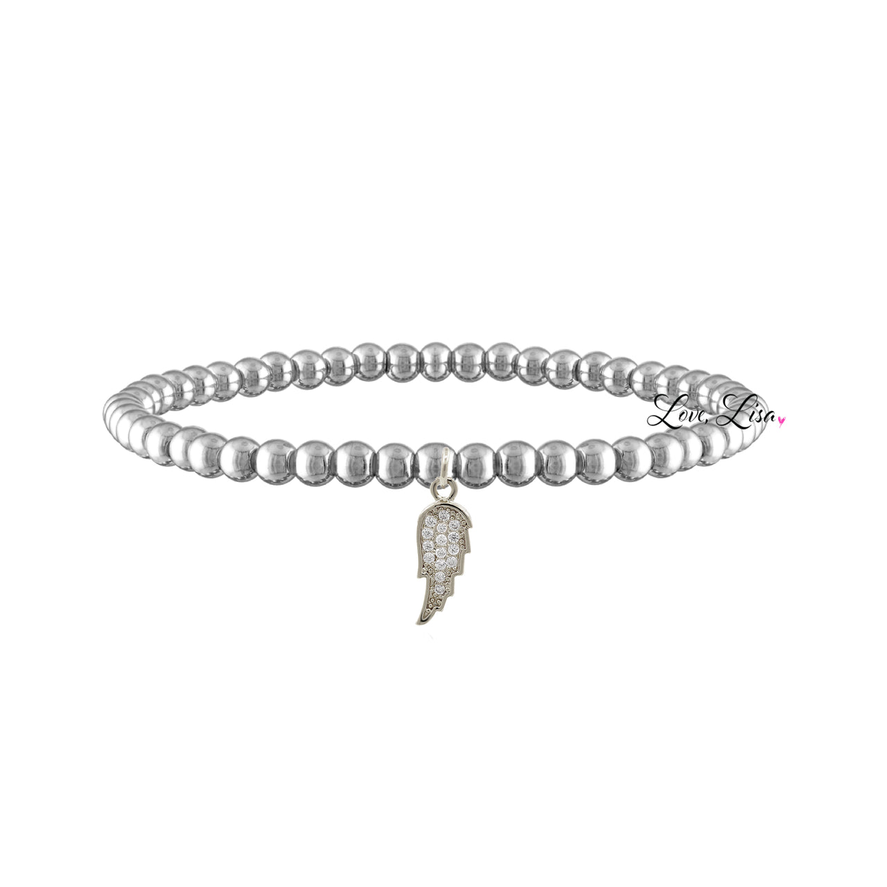 A silver-colored bracelet with a series of round beads and a decorative angel wing charm.