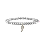 A silver-colored bracelet with a series of round beads and a decorative angel wing charm.