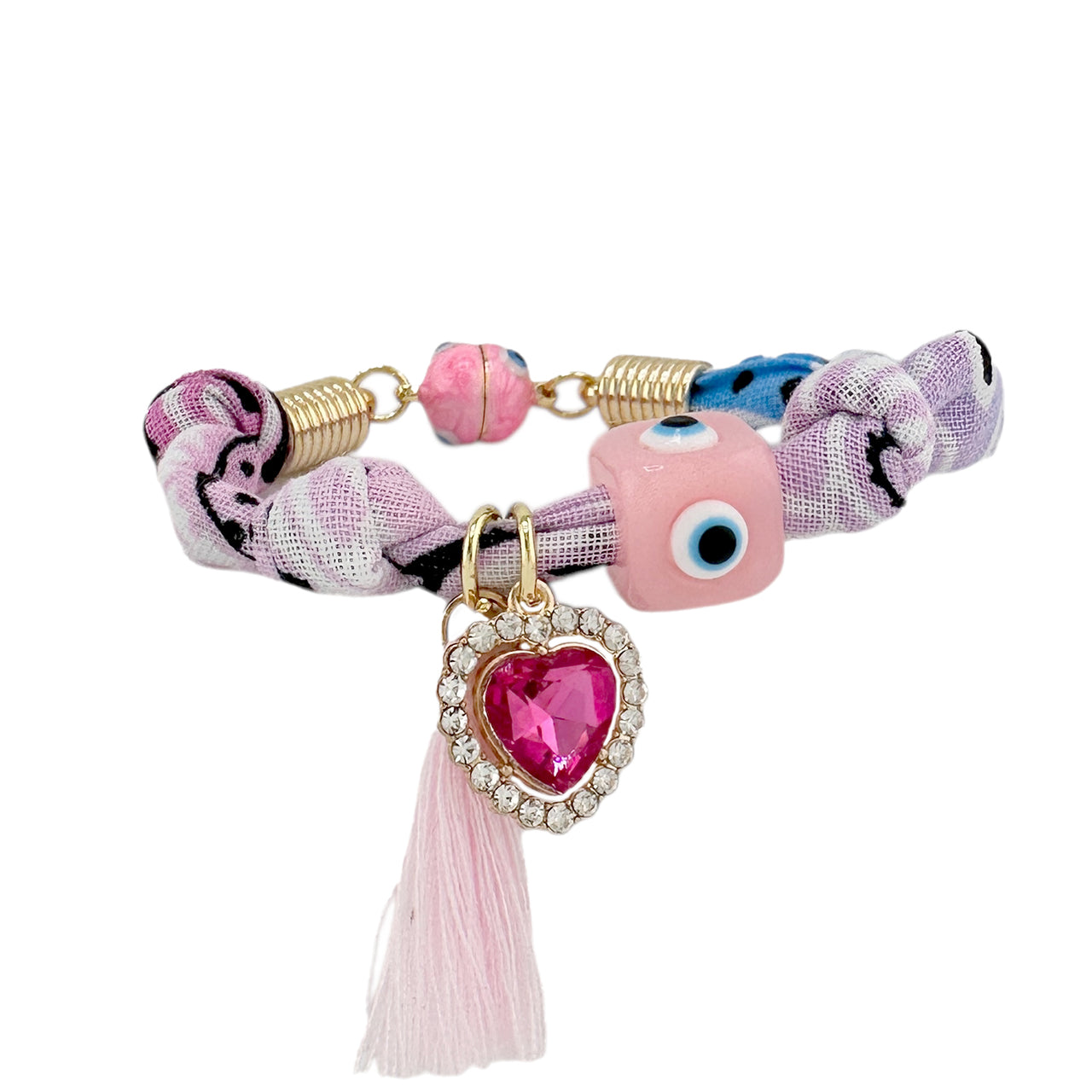 Baby pink and lavender bandana bracelet with evil eye bead and heart charm

