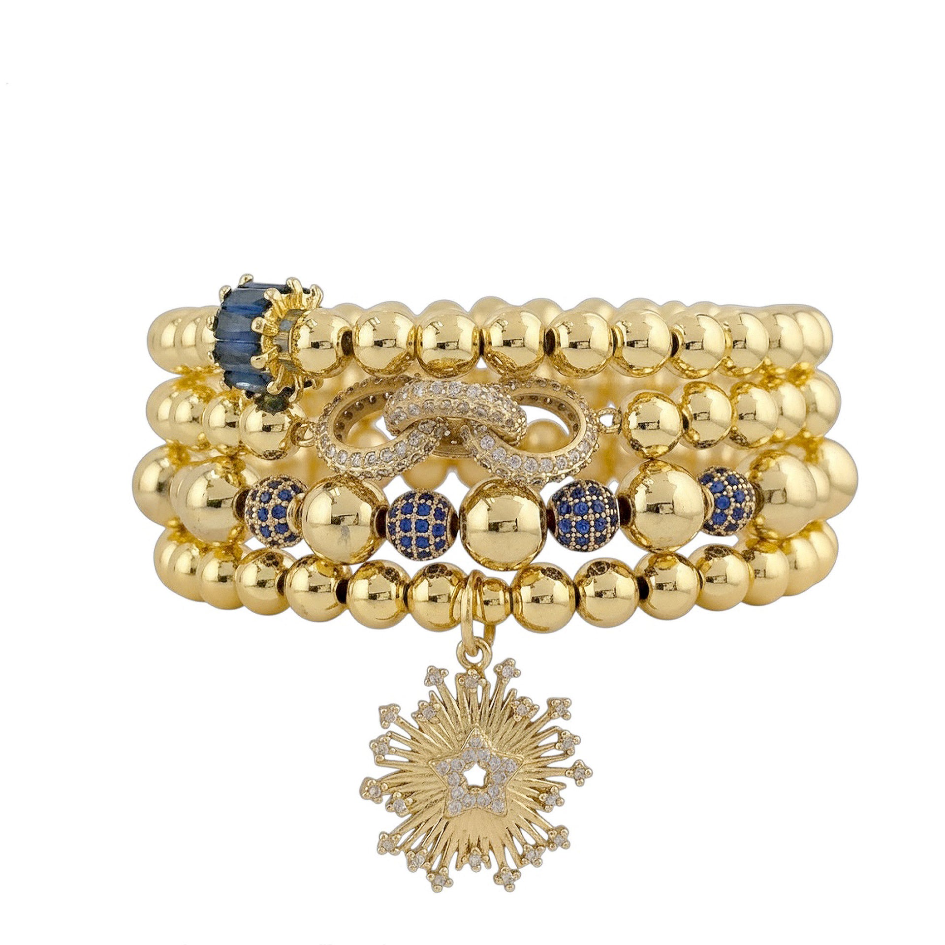 Set of gold beaded bracelets with blue accents and a star-shaped pendant on a white background