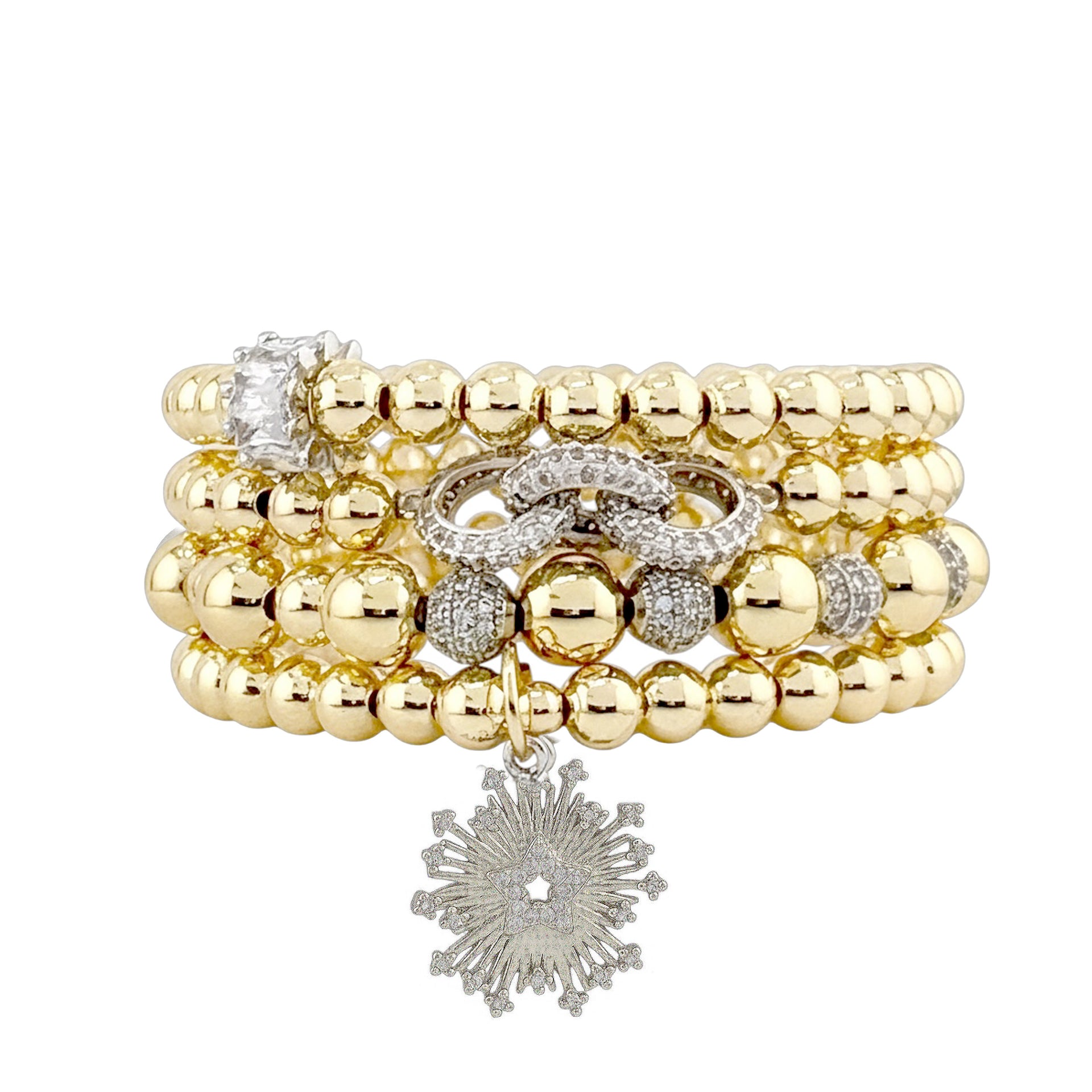 Aurora Star gold and silver bracelet stack with pavé beads and star charm