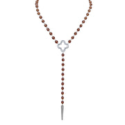 Necklace with brown beads and silver clasp on a white background