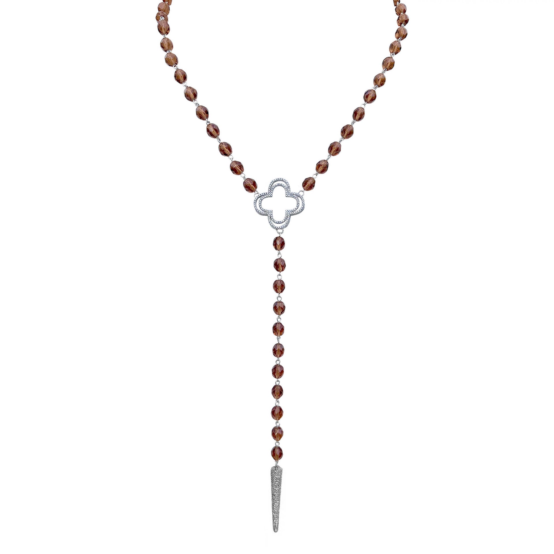 Necklace with brown beads and silver clasp on a white background