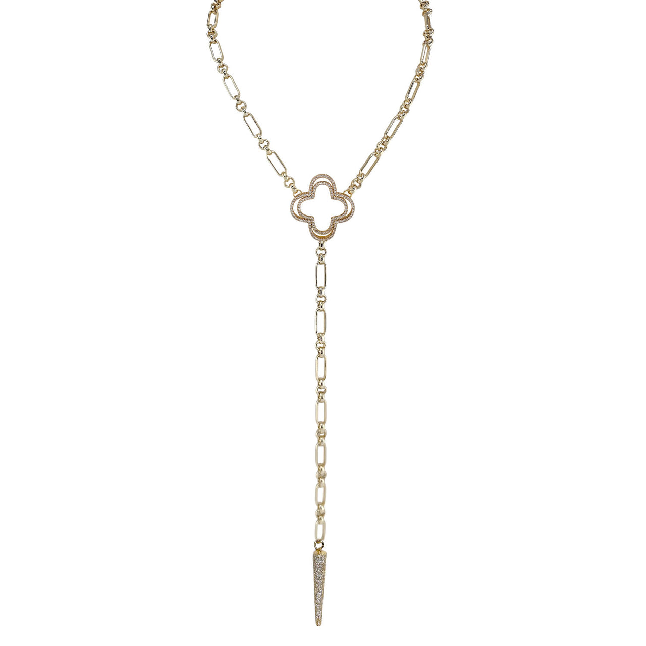 Gold necklace with clover pendant on a white background