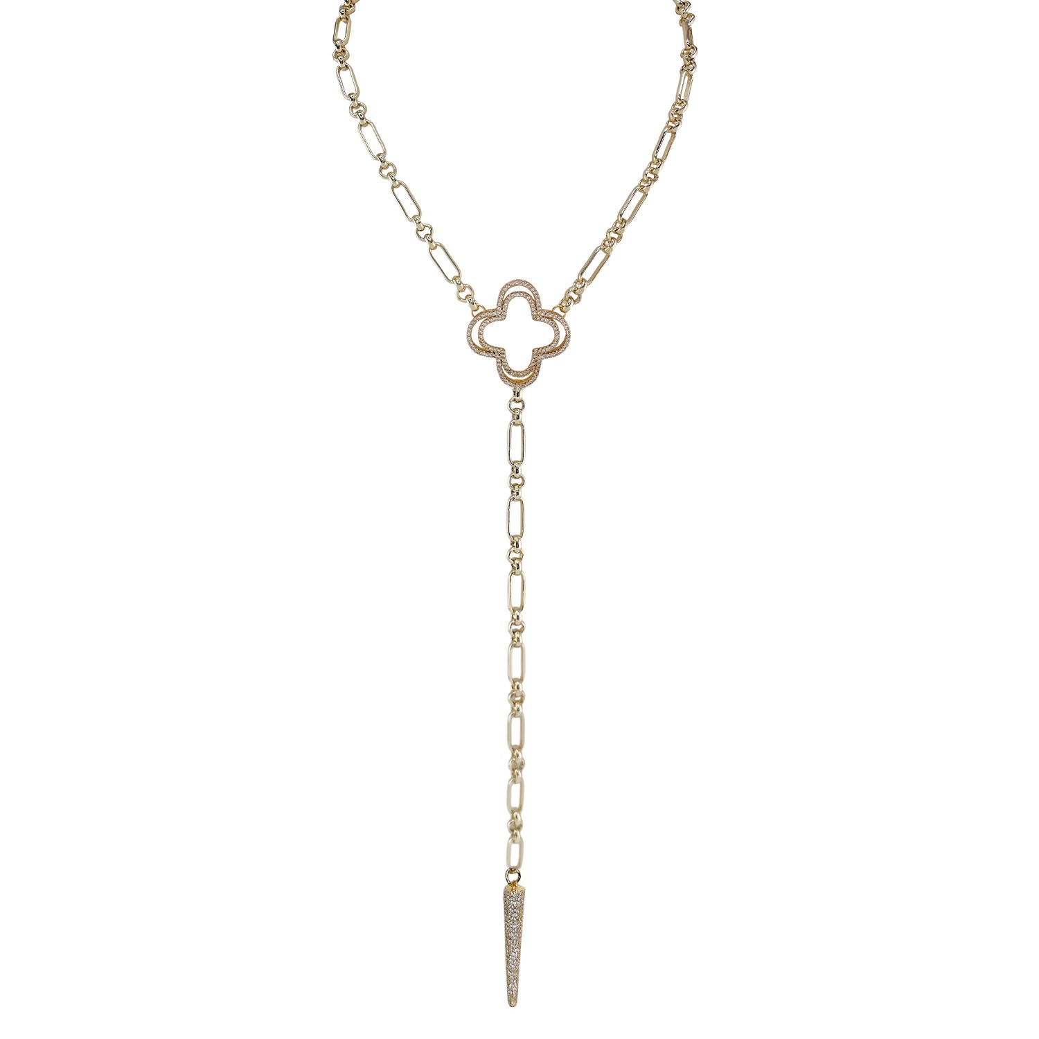 Gold necklace with clover pendant on a white background