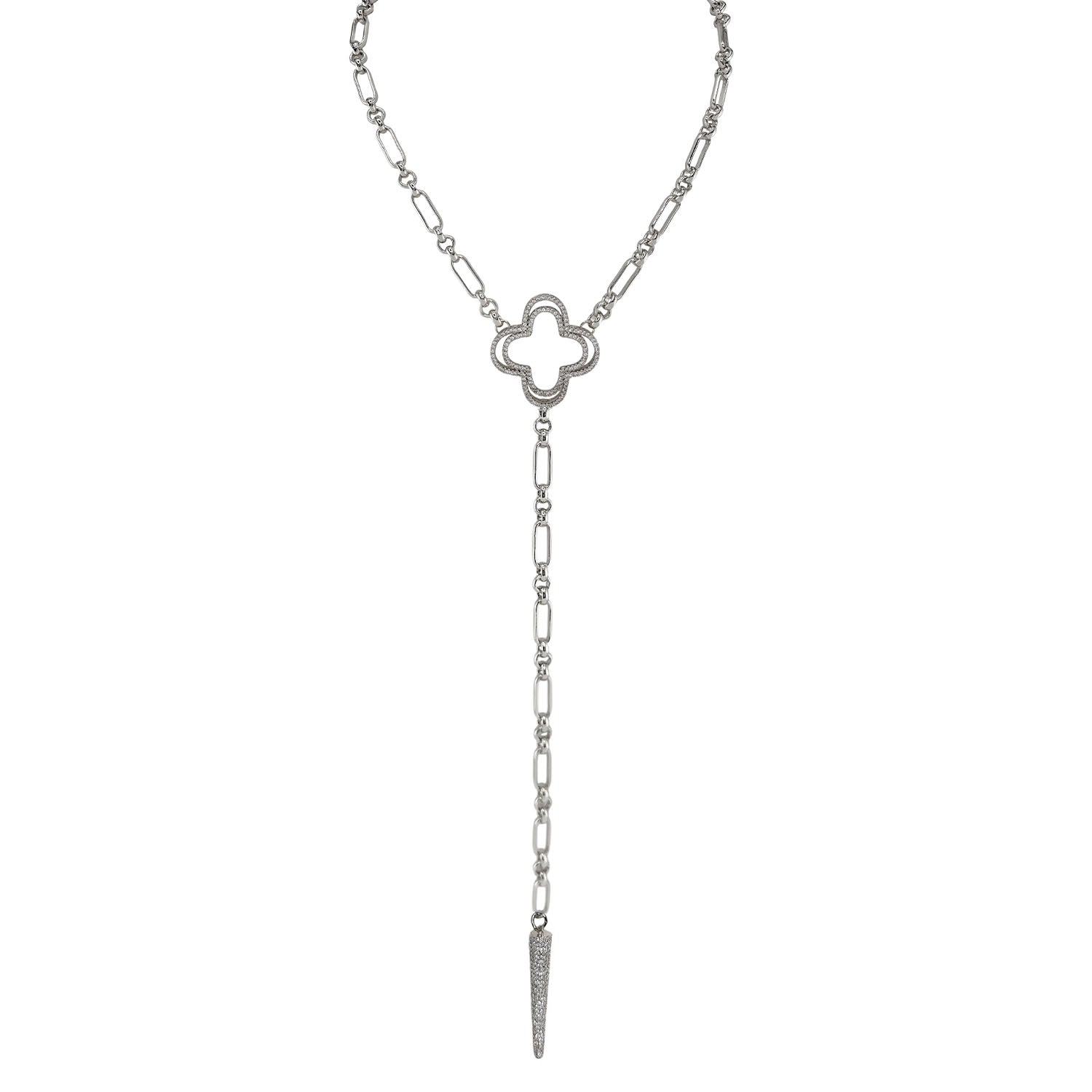 Silver necklace with clover pendant on a white background