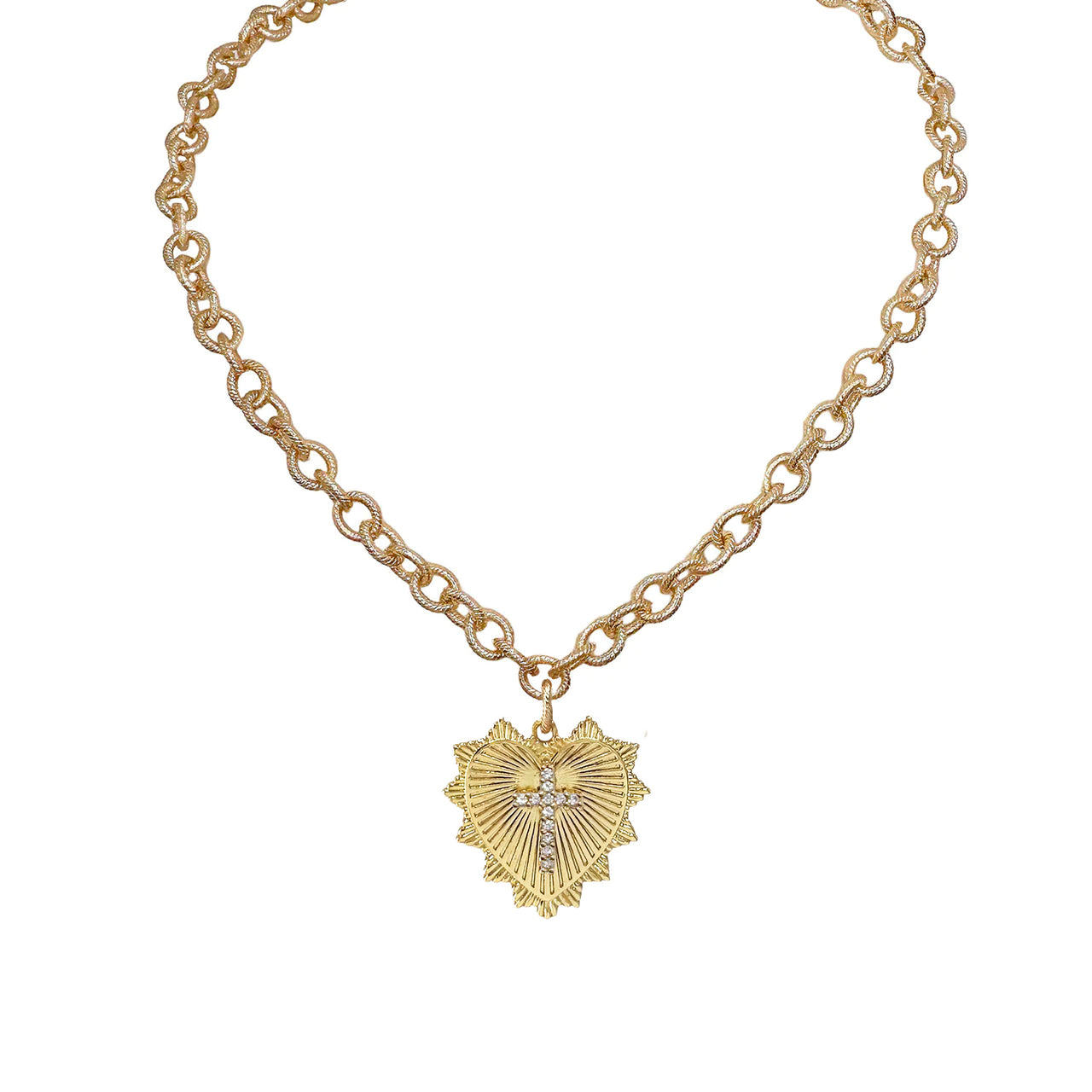 ava heart cross charm necklace gold ribbed chain with pave cross and heart pendant by love lisa jewelry