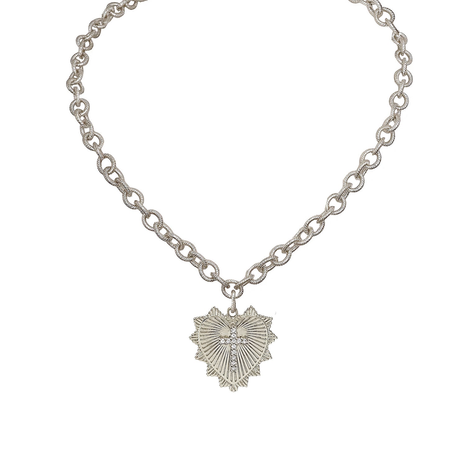ava heart cross charm necklace silver ribbed chain with pave heart and cross charm love lisa jewelry