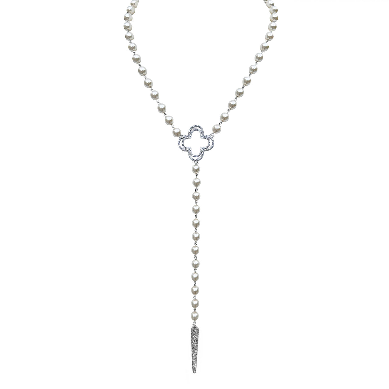 Pearl necklace with a silver clover and dagger pendant on a white background
