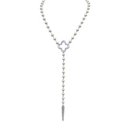 Pearl necklace with a silver clover and dagger pendant on a white background