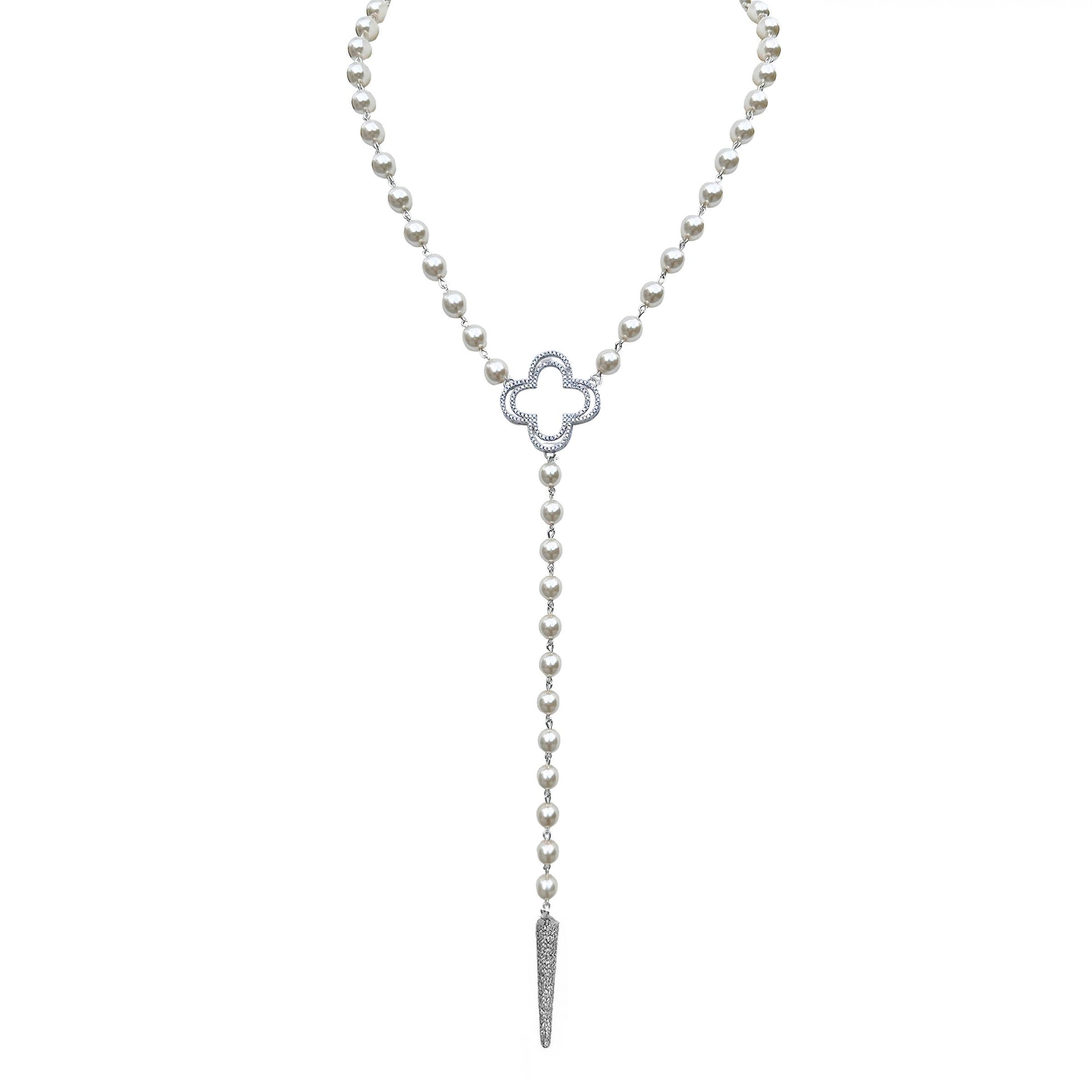 Pearl necklace with a silver clover and dagger pendant on a white background