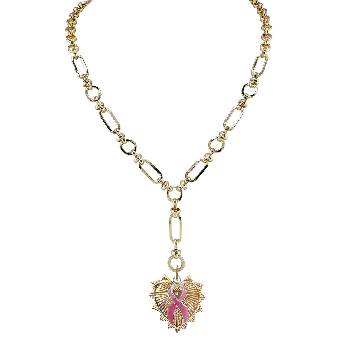 Love Lisa Layla Breast Cancer Awareness Pink Ribbon Necklace in gold with Y-link chain, spiked heart pendant, pink enamel ribbon charm, and magnetic clasp