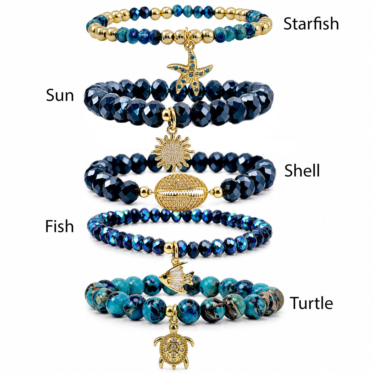 Love Lisa Azure Coast bracelet stack style guide showing starfish shell fish turtle and sun charm bracelets